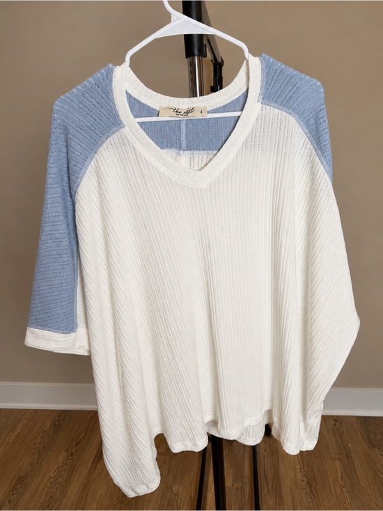 The Nest by Three Bird Nest Sweaters - Lightweight Size M NWOT V-Neck Raglan Sweater - White with Light Blue Sleeves